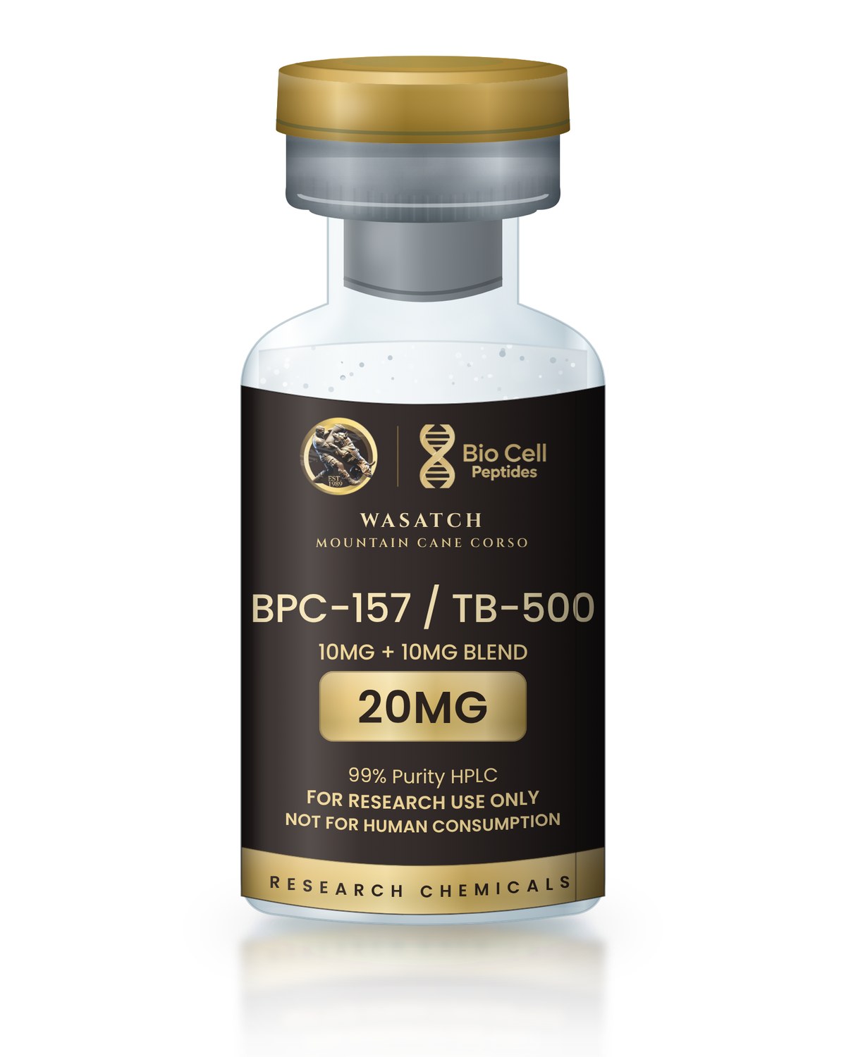 BPC-157 / TB-500 20MG research vial, Bio Cell Peptides and Wasatch Mountain Cane Corso label