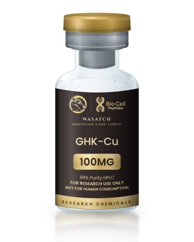 GHK-Cu 100MG research vial, Bio Cell Peptides and Wasatch Mountain Cane Corso label