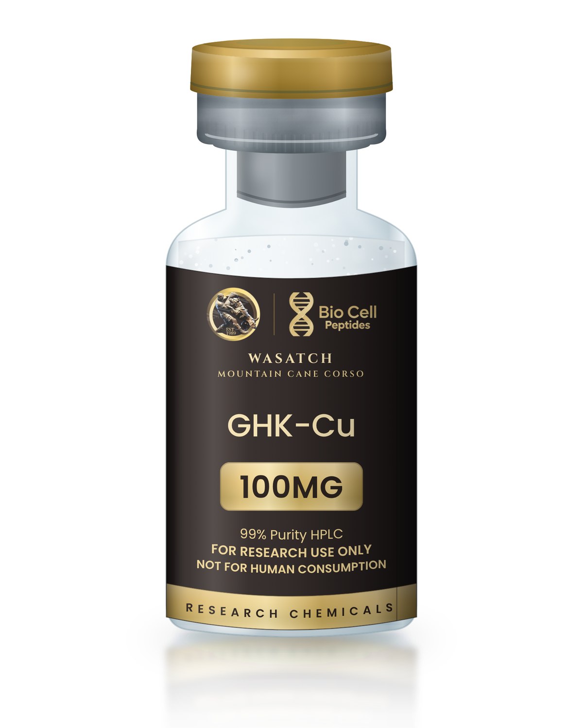GHK-Cu 100MG research vial, Bio Cell Peptides and Wasatch Mountain Cane Corso label
